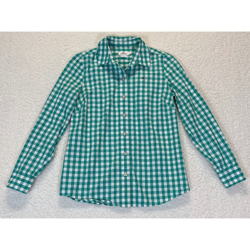 Vineyard Vines Womens Green Gingham Check Cotton Button Down Shirt Size 0